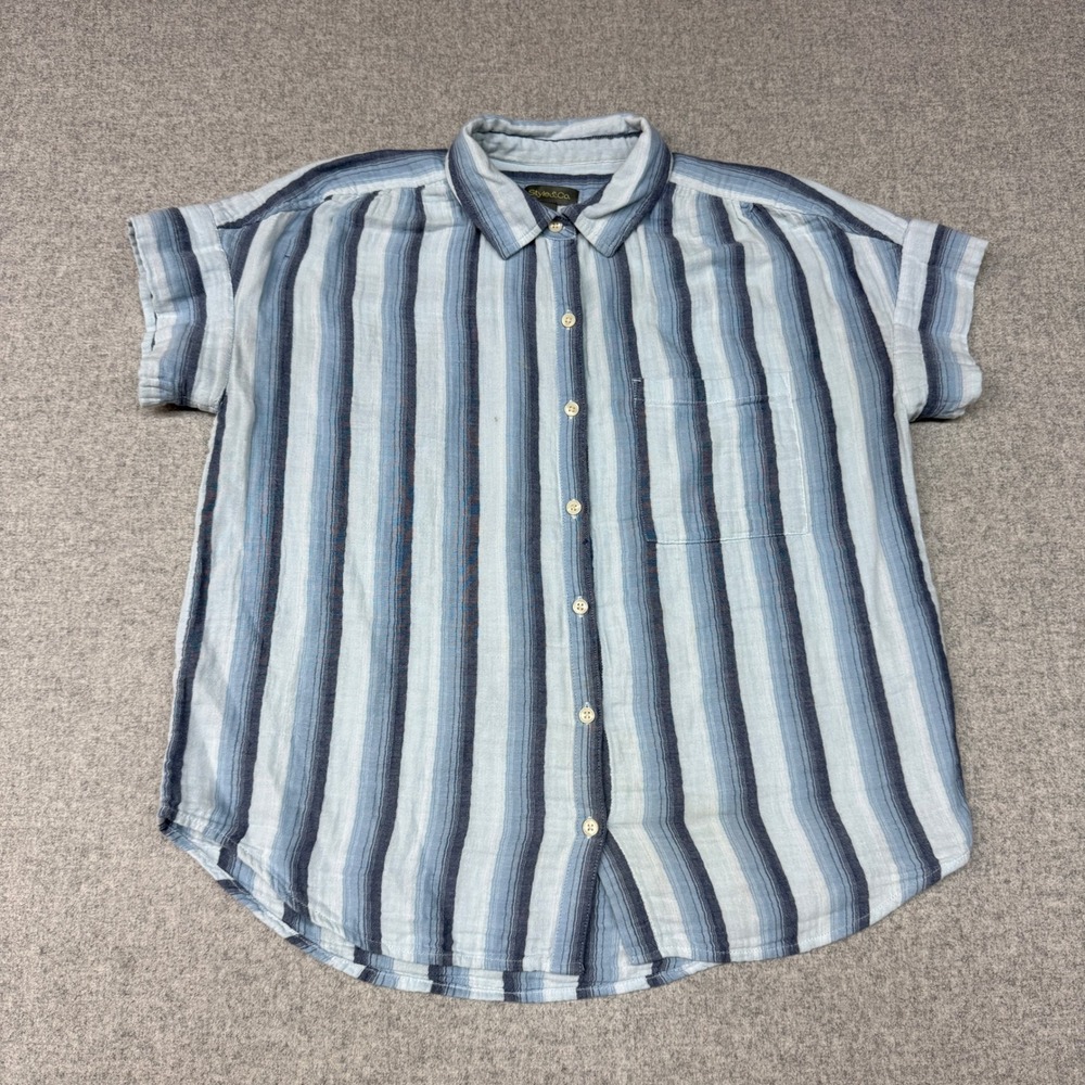 Style & Co Button Down Shirt Size Medium Blue White Striped Cotton Short Sleeve